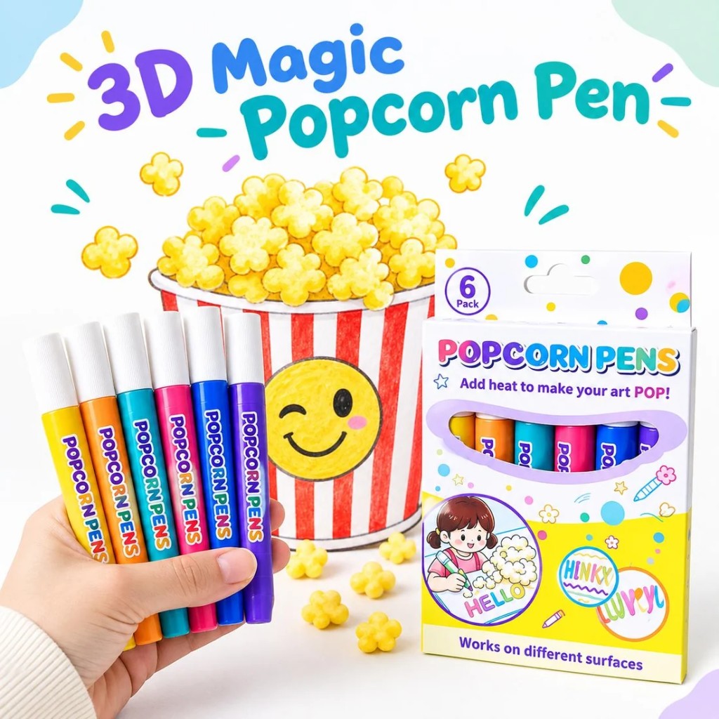 3D Magic Popcorn Pen set: six neon pens and the 6-pack box.